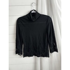 The Limited Womens Sequin Top Medium Black Mesh Embroidered‎ Turtleneck 0429